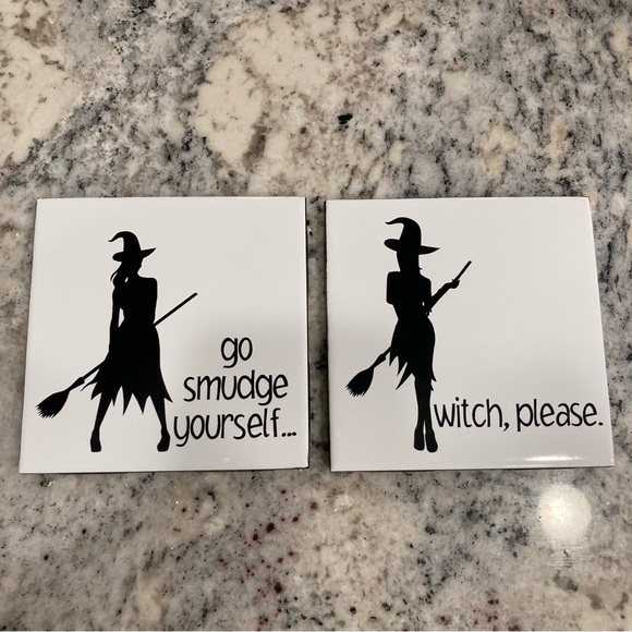 Witch Please! Go Smudge Yourself -  Set of 2 Black & White Witch Coasters - Picture 1 of 5
